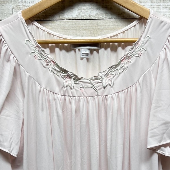 Miss Elaine Nylon Tricot Nightgown Womens Large Pink Flutter Sleeves Embroidered - Picture 5 of 11
